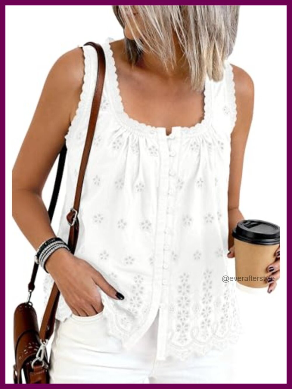 Women's Lace Eyelet Embroidery Button Down Tank Top Sleeveless Square Neck